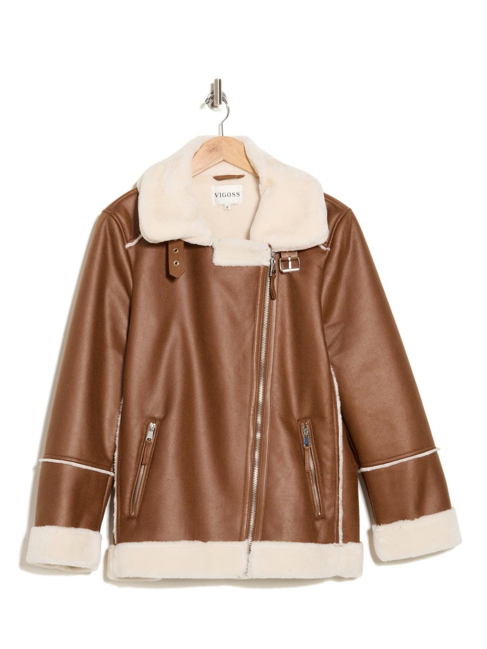 Vigoss Faux Fur Trimmed Faux Leather Moto Jacket brown  2X
